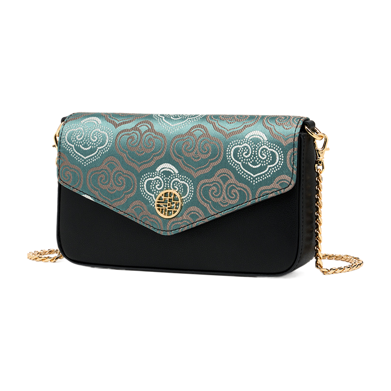 Embroidery Leather Flap Clutch Bag Auspicious Clouds Handbag - SinoCultural