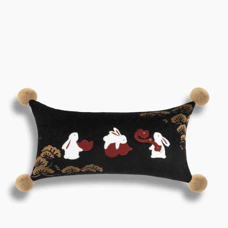 Chinoiserie Embroidery Red Silk Velvet Rabbit Throw Pillow for Sofa - SinoCultural -- SJZBZ074C01 - 