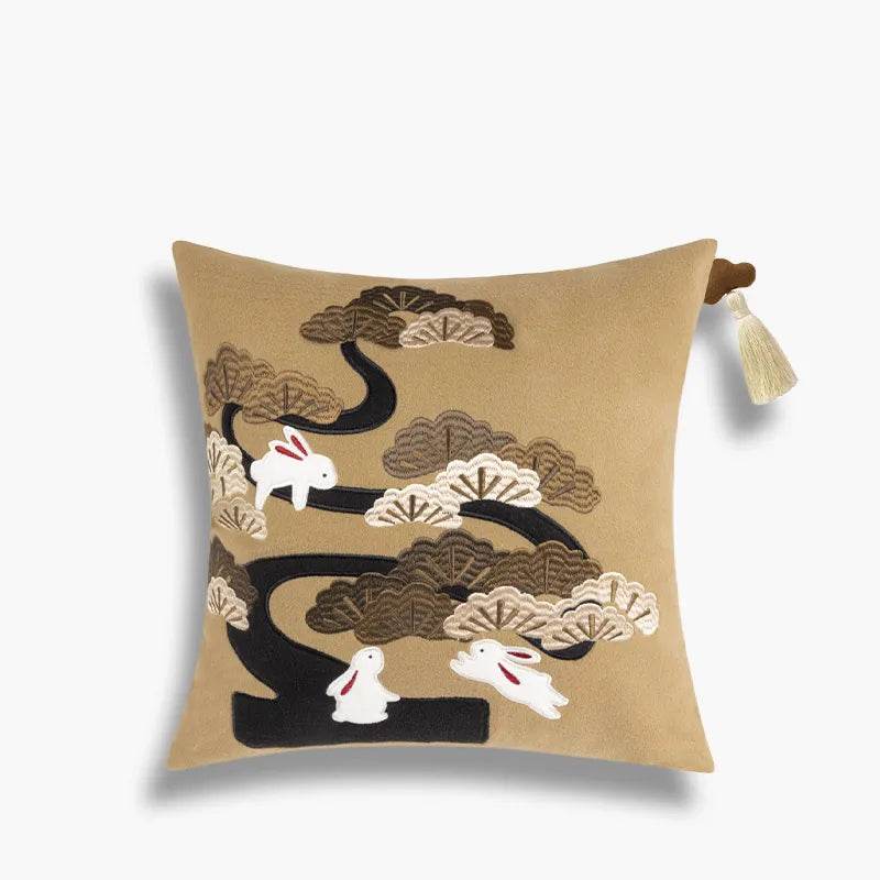 Chinoiserie Embroidery Red Silk Velvet Rabbit Throw Pillow for Sofa - SinoCultural -- SJZBZ074C01 - 