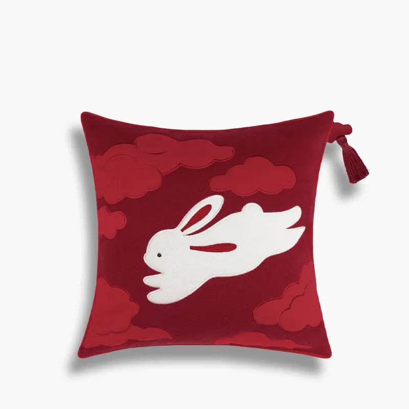Chinoiserie Embroidery Red Silk Velvet Rabbit Throw Pillow for Sofa - SinoCultural -- SJZBZ074C01 - 