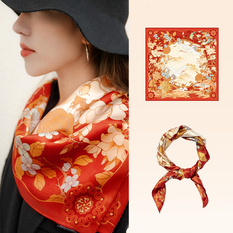 Palace Museum Jade Hall Mulberry Silk Square Scarf 63.5-Scarf-SinoCultural-Red-SS007R-SinoCultural