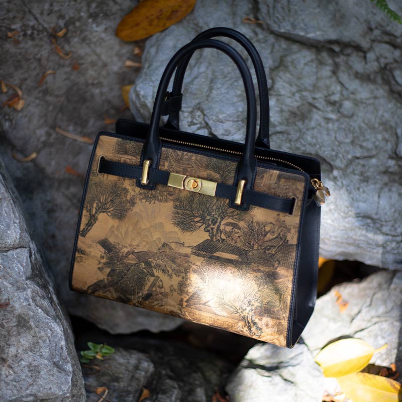 Handmade Fragrant Cloud Silk Vintage Black Leather Kelly Bag Chinese Painting