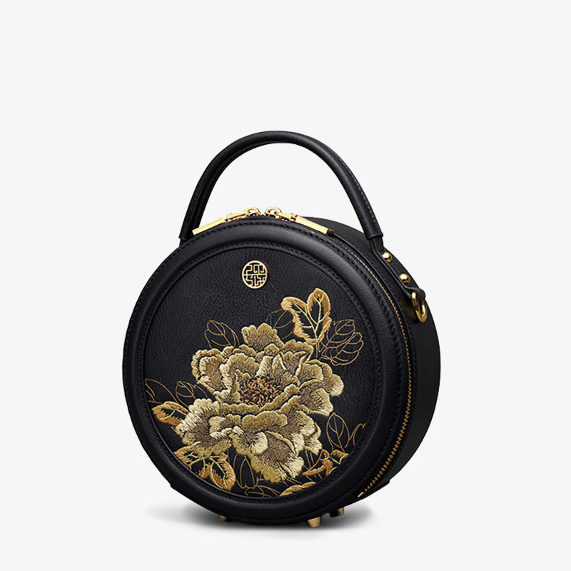 Embroidery Gold-Trimmed Peony Handbag-SinoCultural