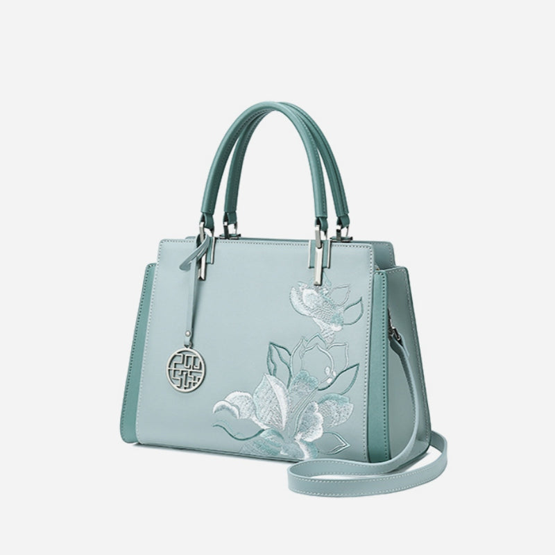 Embroidery Leather Magnolia Women's Crossbody Tote Bag