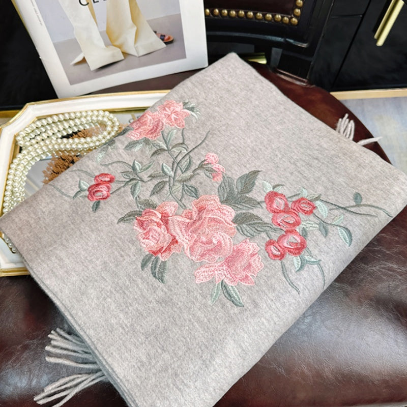 Embroidery Chinese Style Cashmere Shawl Scarf 200*60-Scarf-SinoCultural-Grey-HYFSJ048A03-SinoCultural