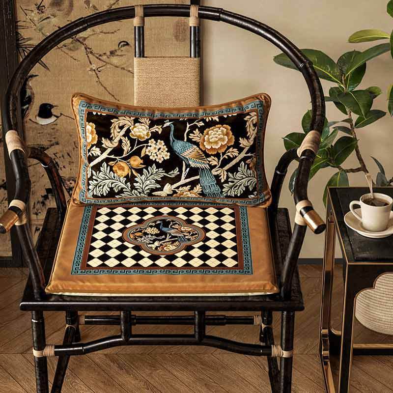 Chinoiserie Vintage Luxury Peacock Pattern Lumbar Pillow - SinoCultural -- WP023A01 - 