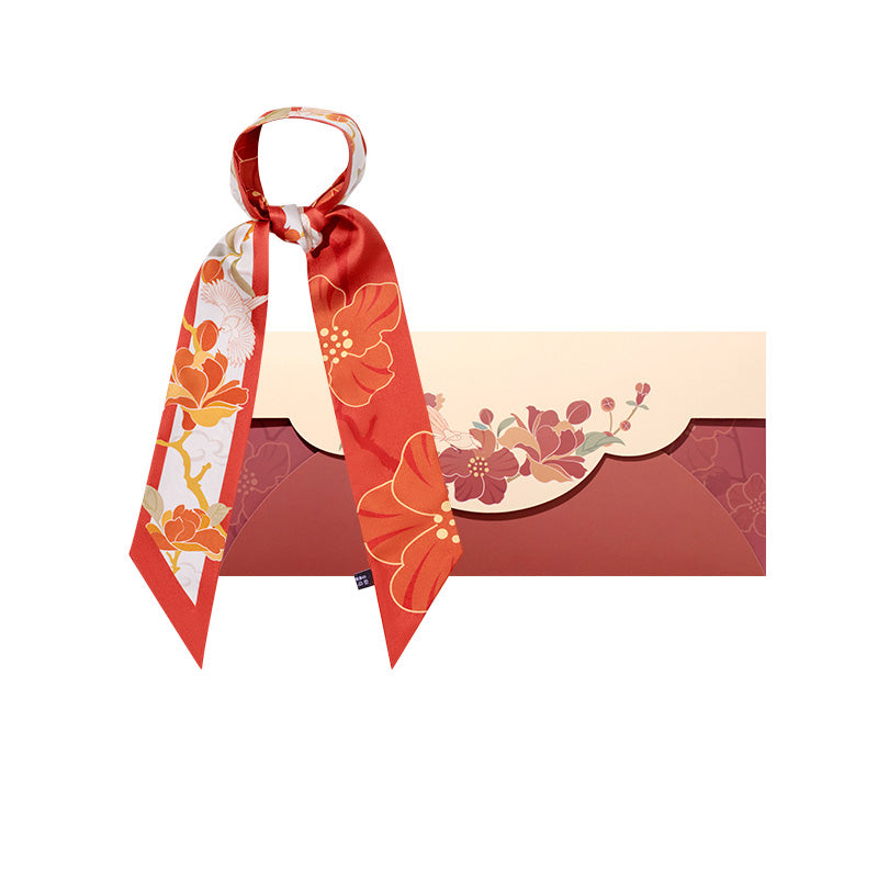 Palace Museum Floral Deity Headband Silk Twilly 120*5.8-Red-LS006R-SinoCultural