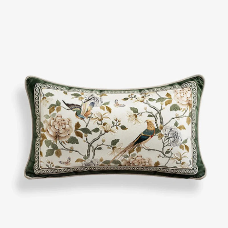 Chinoiserie Warm Spring Dark Green Flower and Birds Lumbar Pillow