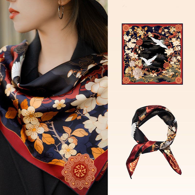 Palace Museum Jade Hall Mulberry Silk Square Scarf 63.5-Scarf-SinoCultural-Black-SS008BK-SinoCultural