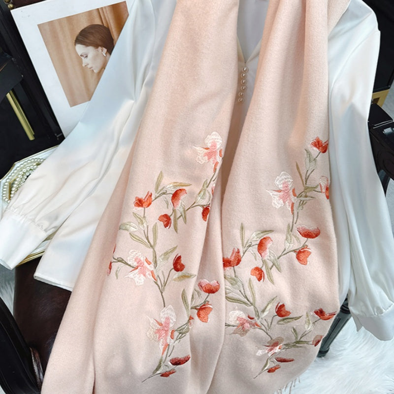 Embroidery Lilac Winter Cashmere Scarf 200*60-Scarf-SinoCultural-Pink-HYFSJ039-SinoCultural