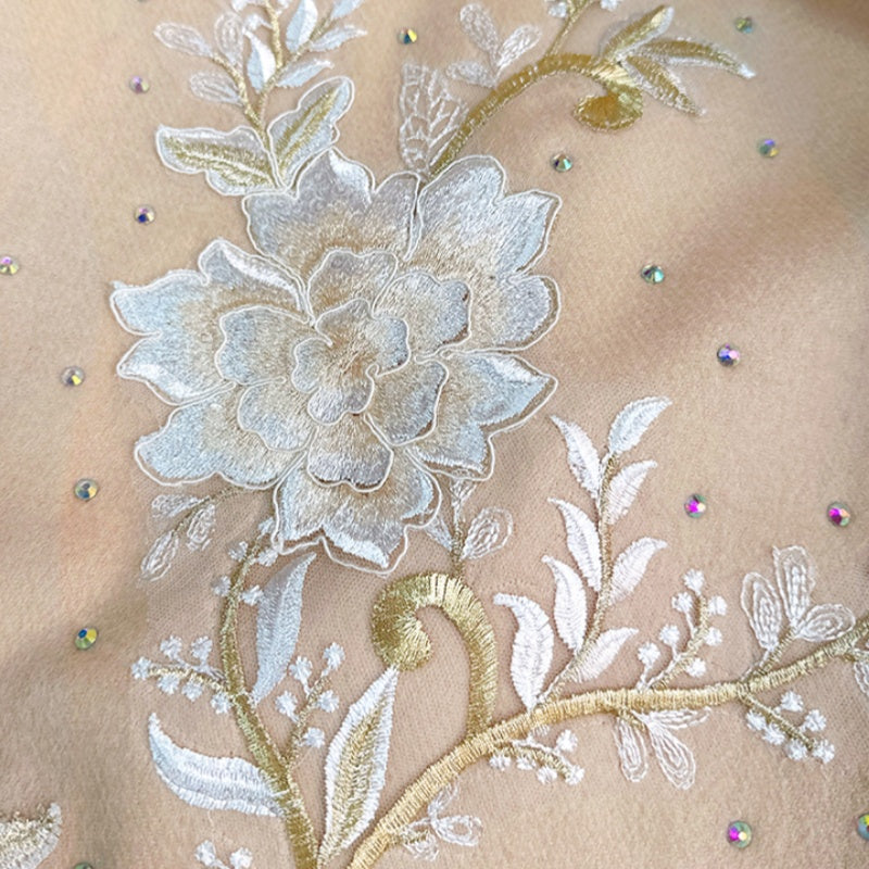 Embroidery Camellia Winter Cashmere Shawl Scarf 200*60-Scarf-SinoCultural-Beige-HYFSJ041-SinoCultural