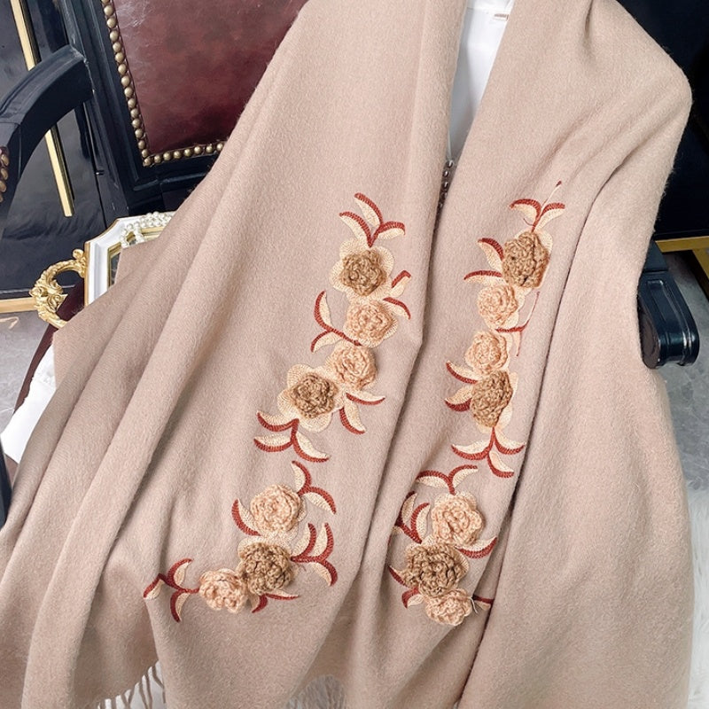 Embroidery Flower Winter Cashmere Shawl Scarf 200*60-Scarf-SinoCultural-Coffee Brown-HYFSJ050A02-SinoCultural