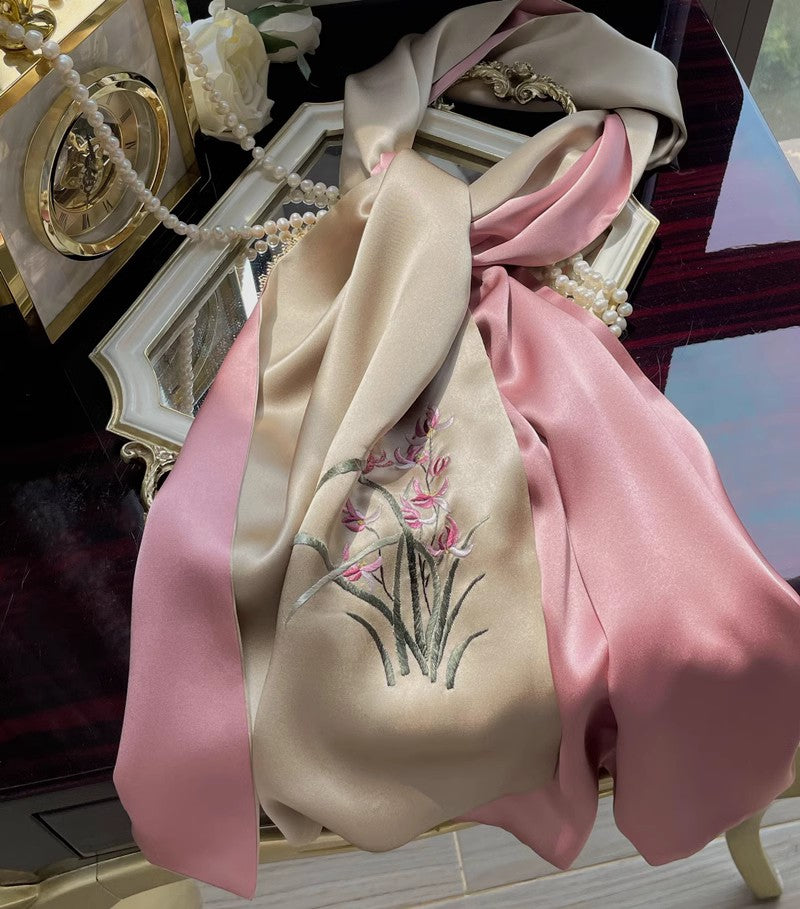 Su Embroidery Handmade Flower Silk Scarf 155*35-Scarf-SinoCultural-Champagne-HYFSJ025A04-SinoCultural