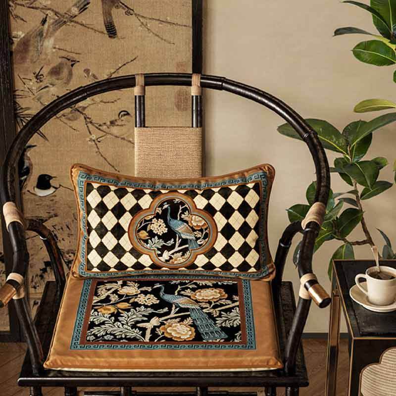 Chinoiserie Vintage Luxury Peacock Pattern Lumbar Pillow - SinoCultural -- WP023A01 - 
