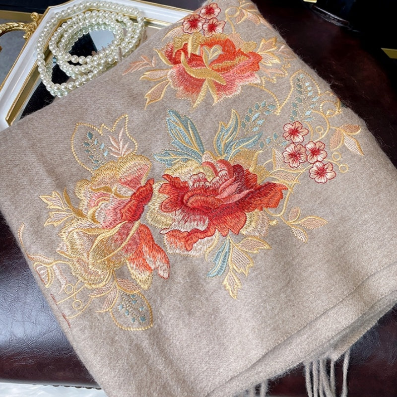 Embroidery Lotus Winter Cashmere Shawl Scarf 200*60-Scarf-SinoCultural-Brown-HYFSJ040-SinoCultural