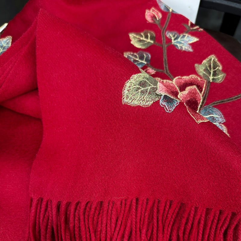 Embroidery Red Wedding Cashmere Shawl Scarf 200*60-Scarf-SinoCultural-Red-HYFSJ045-SinoCultural