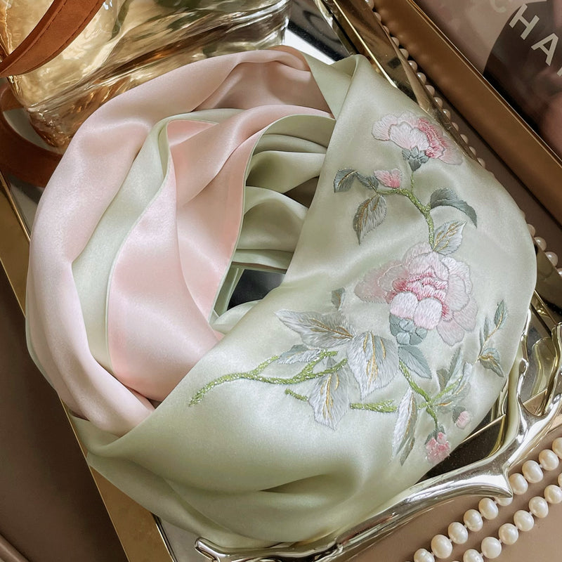 Su Embroidery Flower Camellia Silk Scarf 155*35-Scarf-SinoCultural-Green-HYFSJ023A02-SinoCultural