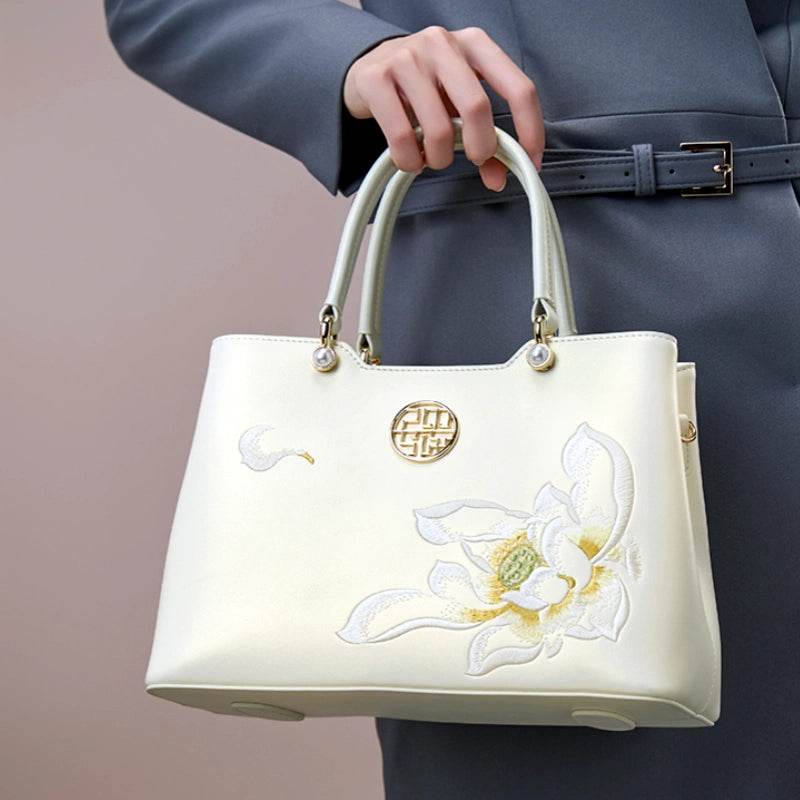 Embroidery Leather White Crossbody Tote Bag Lotus Luxury Gift - SinoCultural