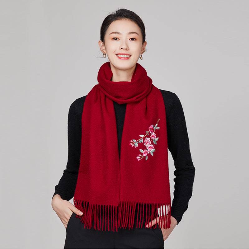 Handmade Embroidery Wool Cashmere Scarf Winter Wrap Shawl 200x38cm - SinoCultural