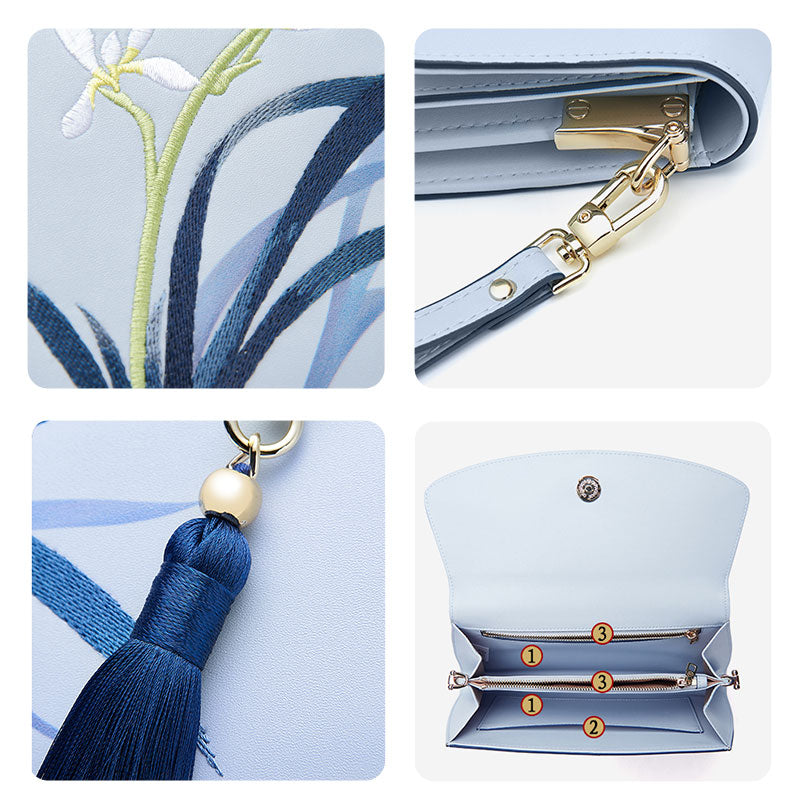 Embroidery Leather Handheld Clutch Bag Blue Orchid-Clutch Bag-SinoCultural-SinoCultural