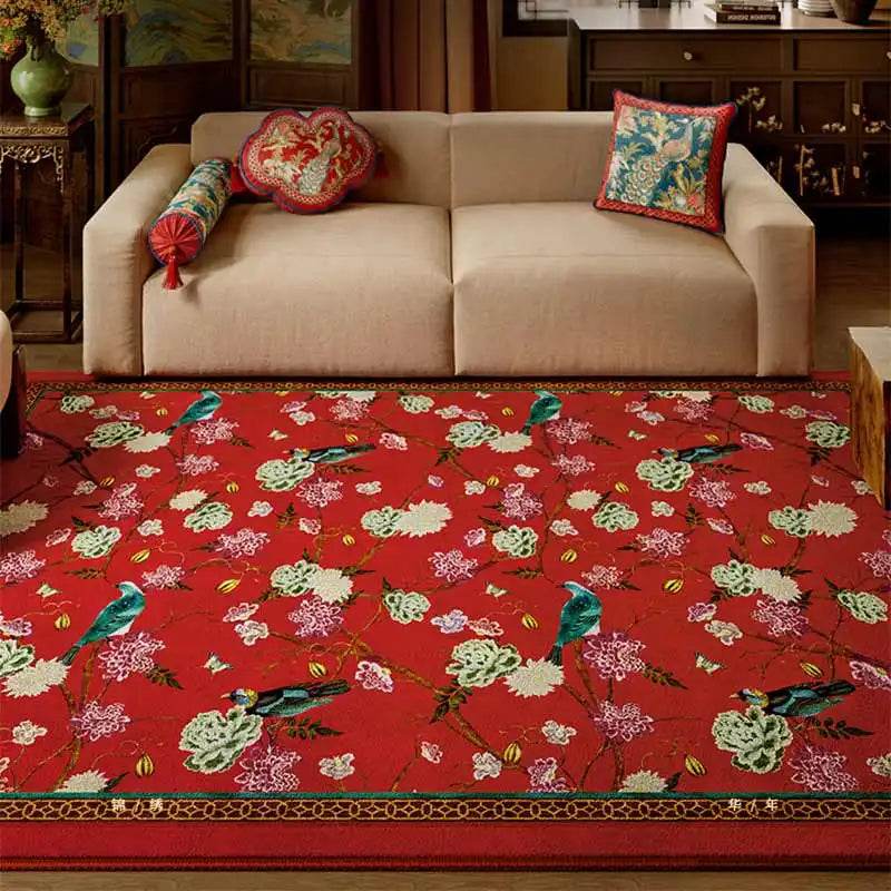 Chinoiserie Luxury Red Washable Living Room Area Rug - SinoCultural