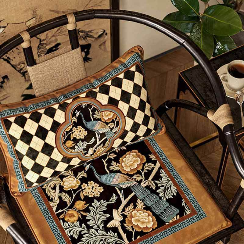 Chinoiserie Vintage Luxury Peacock Pattern Lumbar Pillow - SinoCultural -- WP023A01 - 