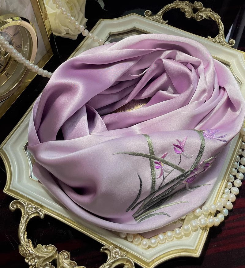 Su Embroidery Handmade Flower Silk Scarf 155*35-Scarf-SinoCultural-Purple-HYFSJ025A02-SinoCultural