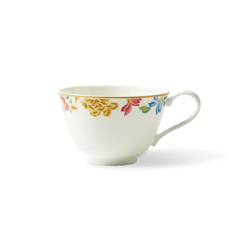 180 mL Chinoiserie bone china button-handle tea cup, front view.