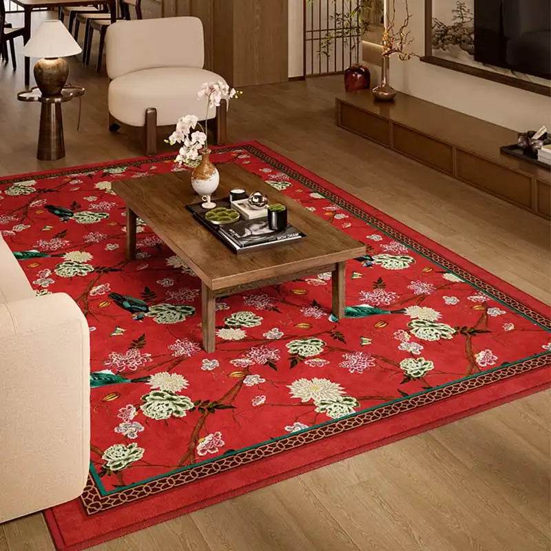 Chinoiserie Luxury Red Washable Living Room Area Rug - SinoCultural