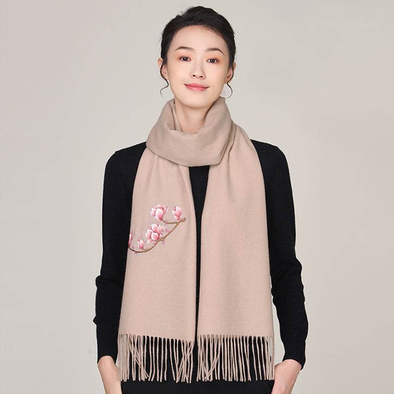 Handmade Suzhou Embroidery Wool Cashmere Scarf with Magnolia Flower 200x38cm - SinoCultural