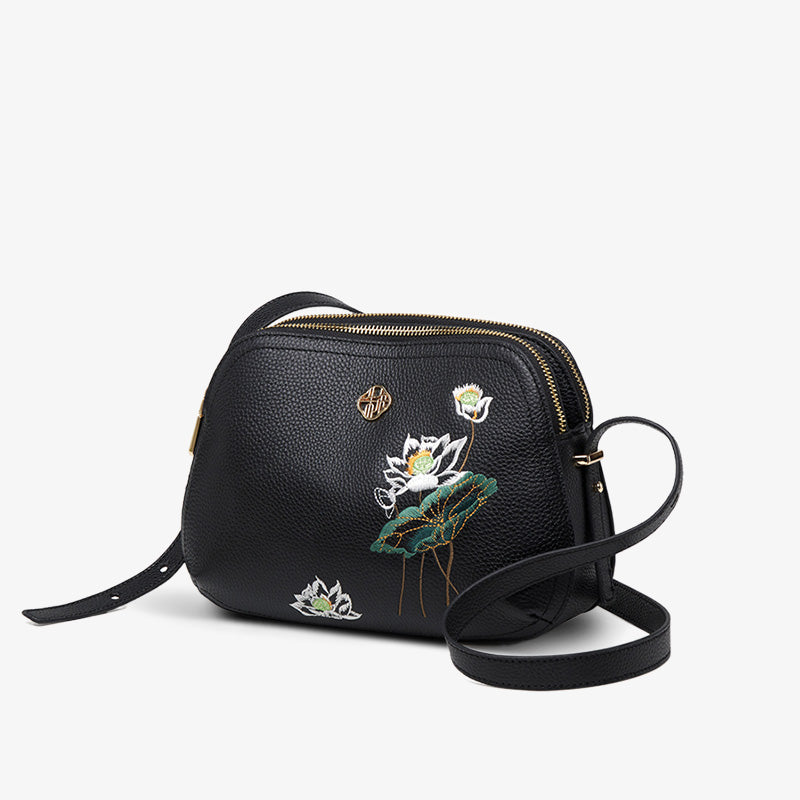 Embroidery Leather Black Lotus Shoulder Bag-Shoulder Bag-SinoCultural-Black-Single Bag-YC383R1-SinoCultural