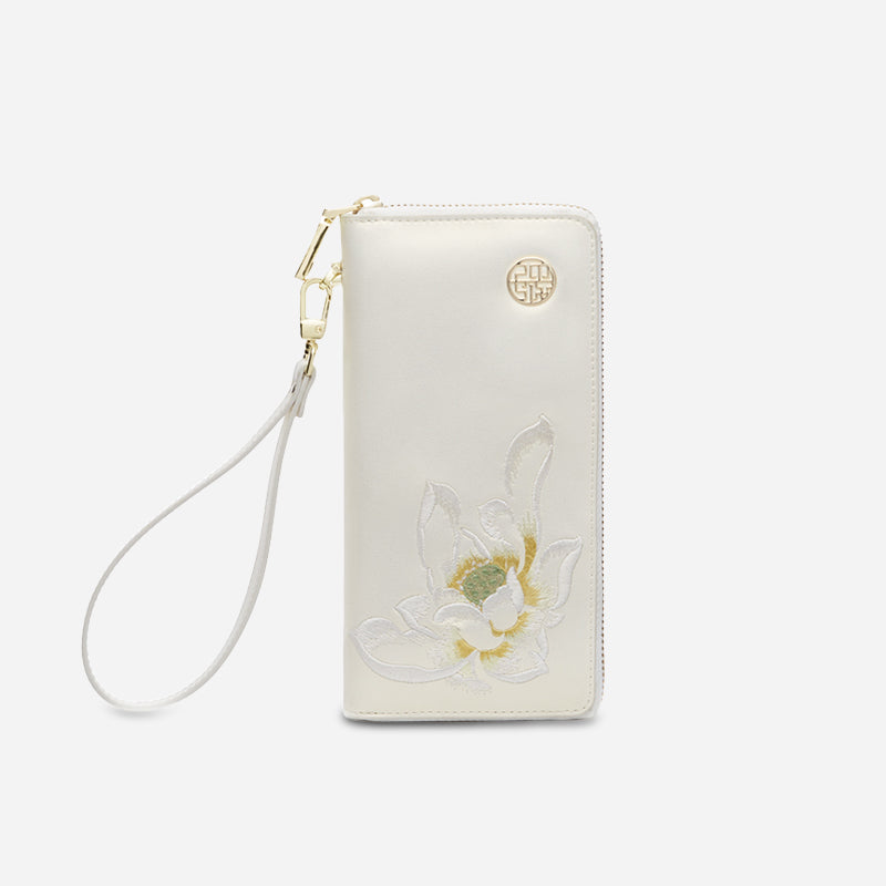 Embroidery Leather Wallet White Lotus-Wallet-SinoCultural-White-Single Bag-P420101-SinoCultural