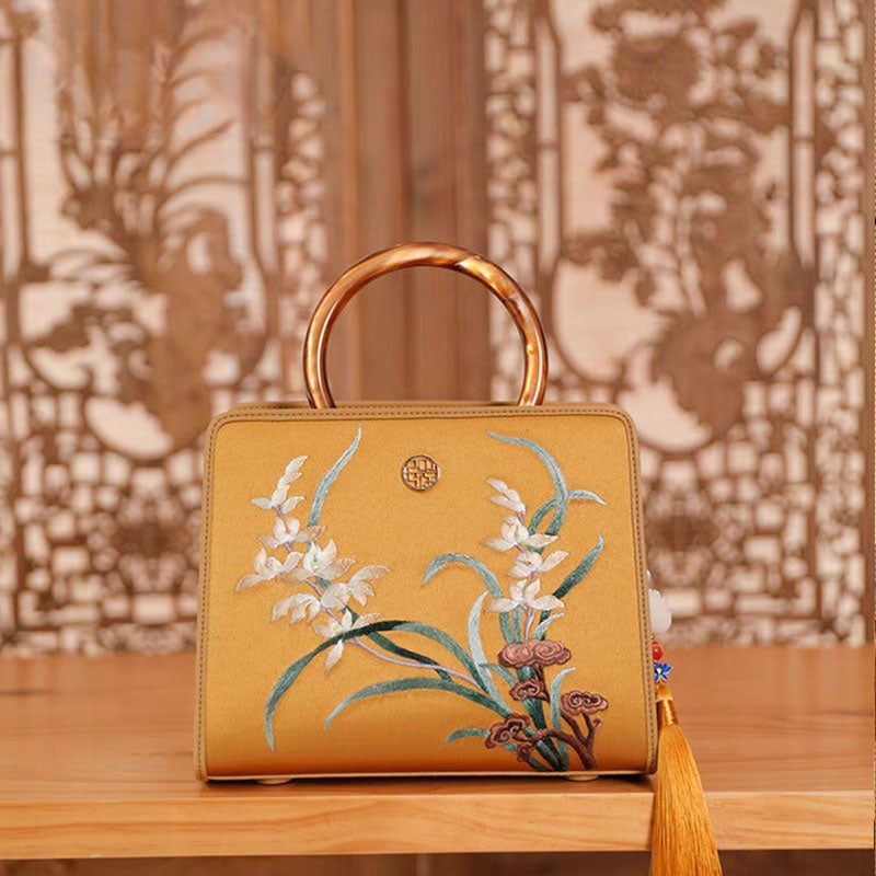 Hand Embroidery Orchid Leather Handbag-SinoCultural