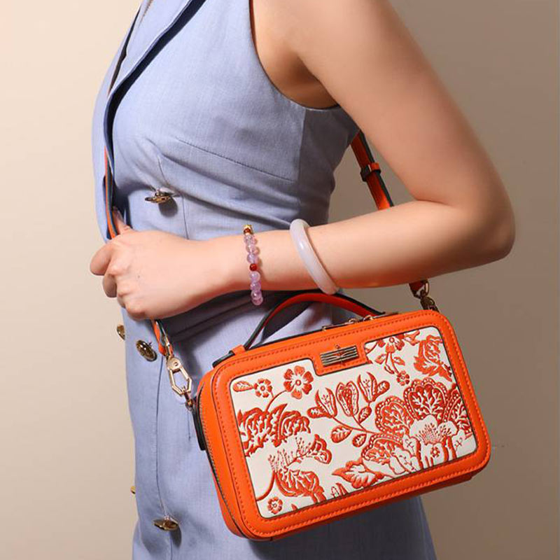 Embroidery Leather Peony Square Shoulder Bag-CXXB046R-SinoCultural