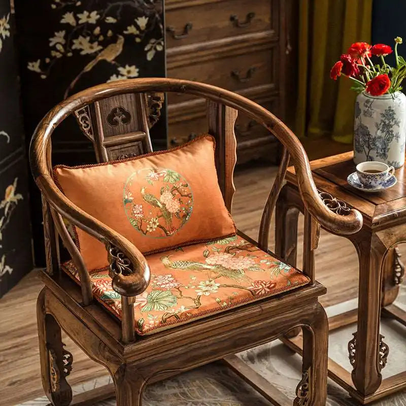 Chinoiserie Mountain Hydrangea Short Plush Wooden Chair Cushion - SinoCultural