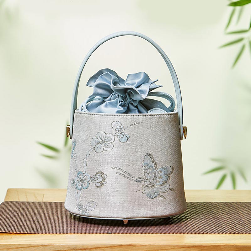 Brocade Jacquard Leather Drawstring Bucket Bag-Bucket Bag-SinoCultural-SinoCultural