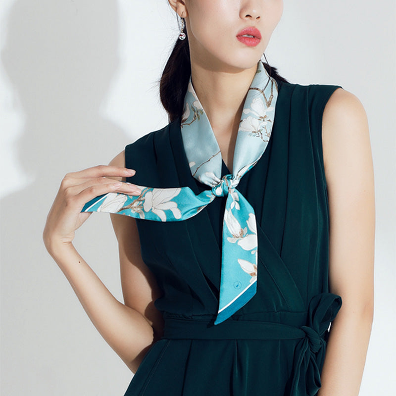 White Magnolia Mulberry Silk Narrow Twilly 120*5-Scarf-SinoCultural-Blue-LS012-SinoCultural