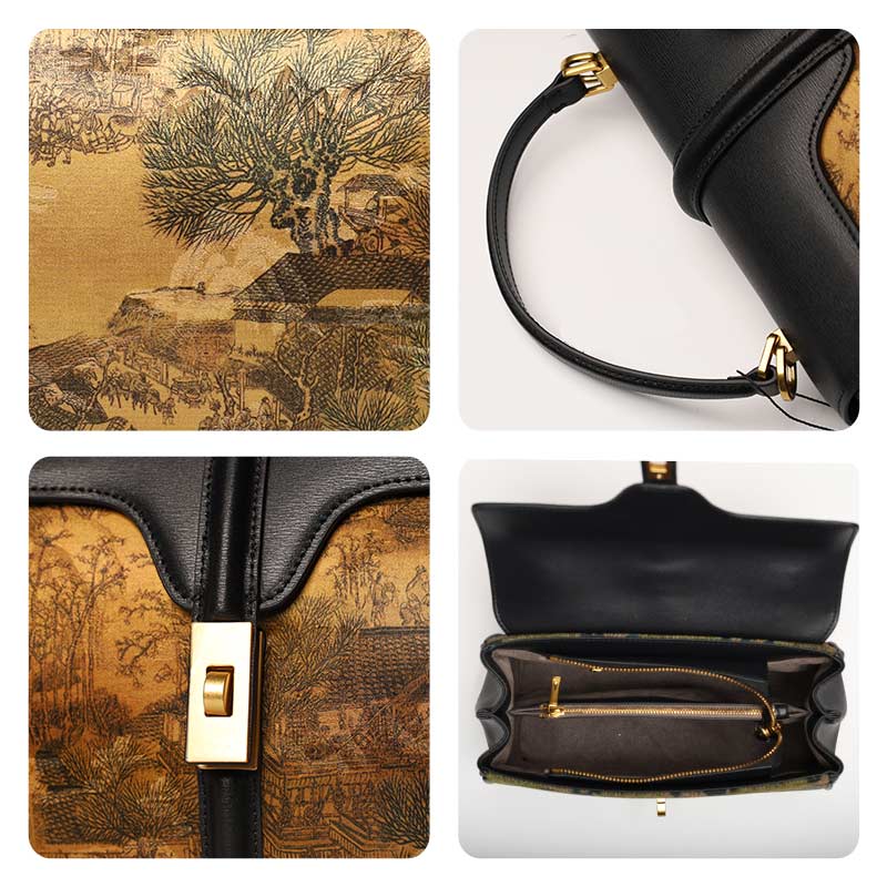 Handmade Fragrant Cloud Silk Black Leather Handbag Chinese Painting