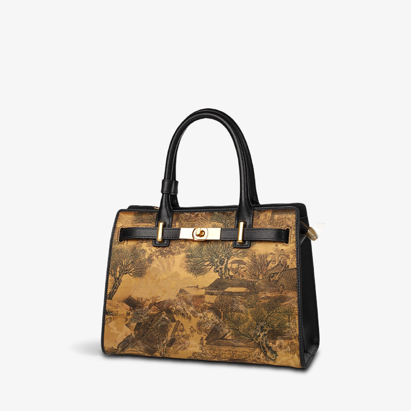 Handmade Fragrant Cloud Silk Vintage Black Leather Kelly Bag Chinese Painting