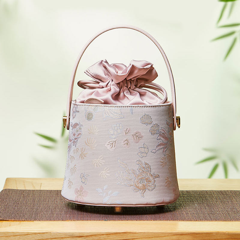 Brocade Jacquard Leather Drawstring Bucket Bag-Bucket Bag-SinoCultural-Pink-Single Bag-P17061804-1-SinoCultural