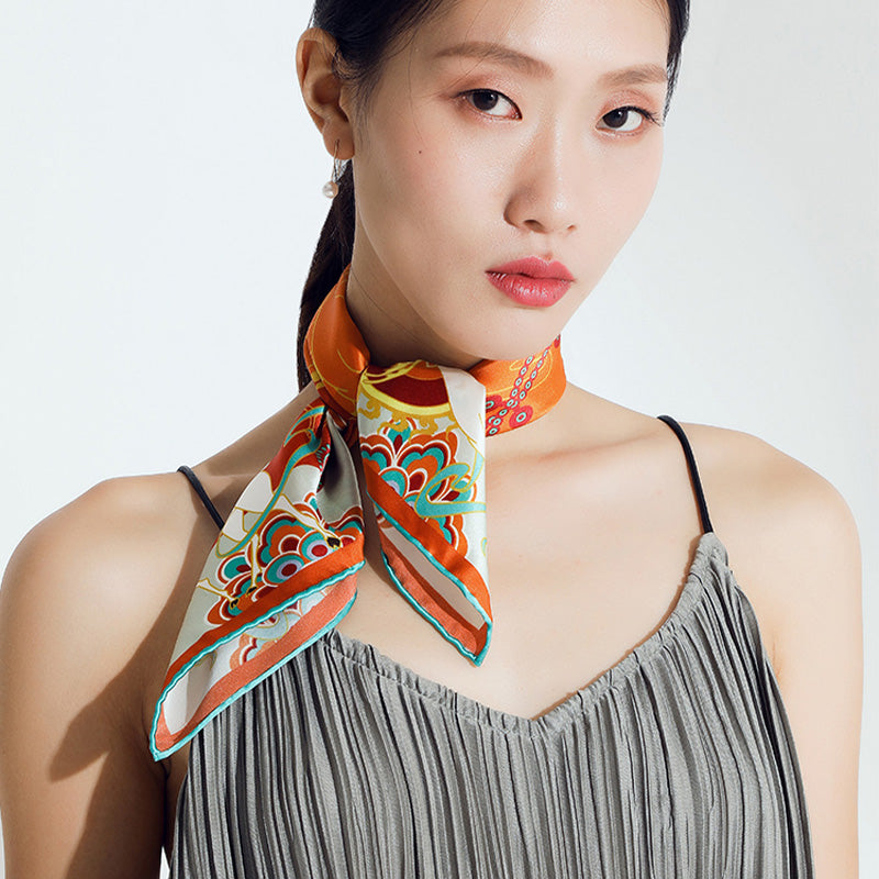 Original Dunhuang Mulberry Silk Square Scarf 52-Scarf-SinoCultural-Orange-SS018-SinoCultural