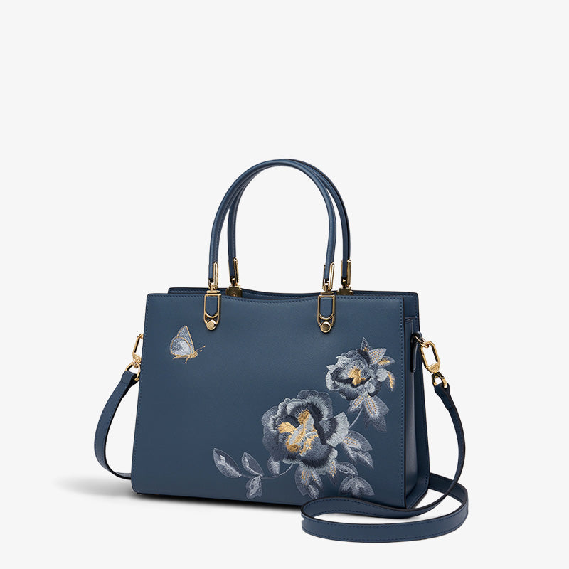 Embroidery Leather Tote Handbag Prosperous Peony-Tote Bag-SinoCultural-Blue-Single Bag-SC1605-S1-SinoCultural