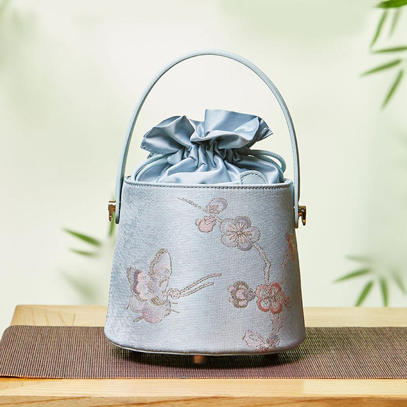Brocade Jacquard Leather Drawstring Bucket Bag-Bucket Bag-SinoCultural-Blue-Single Bag-P17061804-4-SinoCultural
