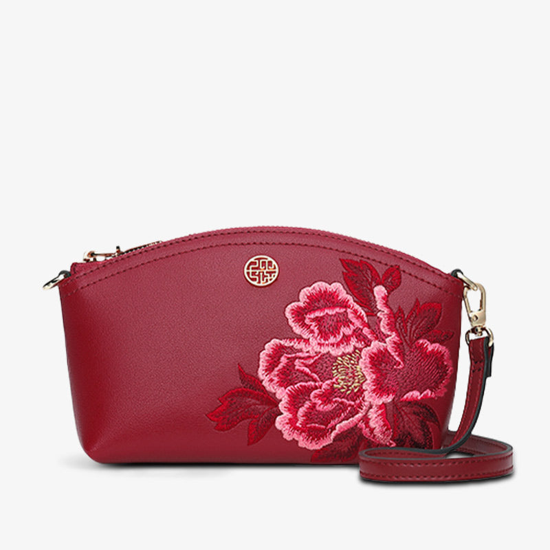 Embroidery Leather Red Peony Women Handbag Wallet-Wallet-SinoCultural-Red-Single Bag-P220248-1-SinoCultural