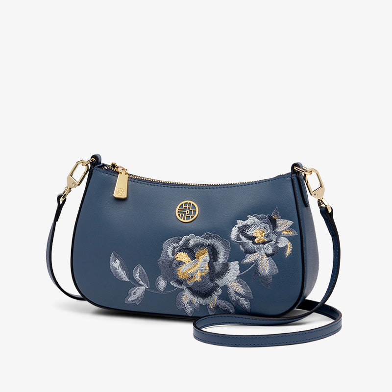 Embroidery Leather Peony Single Shoulder Hobo Bag-Shoulder Bag-SinoCultural-Blue-Single Bag-SC1606-T4-SinoCultural