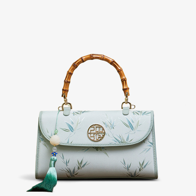 Chinese Style Mulberry Silk Bamboo Handle Handbag-Handbag-SinoCultural-Green-Single Bag-P170079G-4-SinoCultural