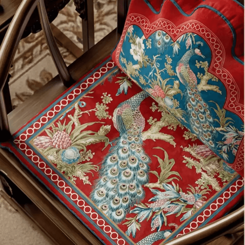 Chinoiserie Festive Red Peacock Luxe Lumbar Pillow - SinoCultural