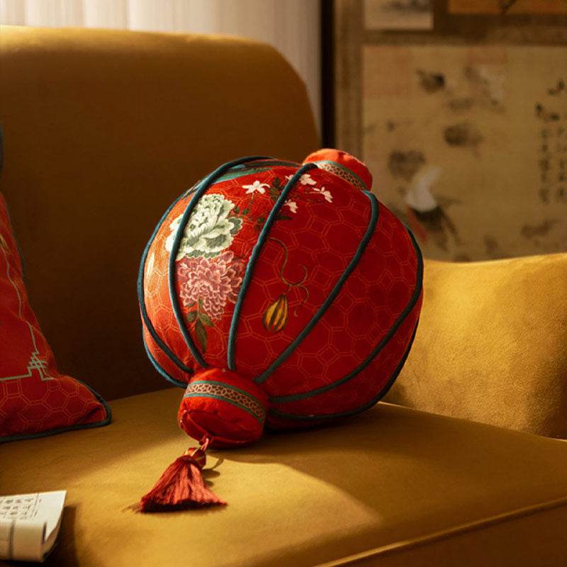 Chinoiserie Red Festive Chinese Lantern Pillow for Living Room - SinoCultural -- SJZBZ020RD01 - 