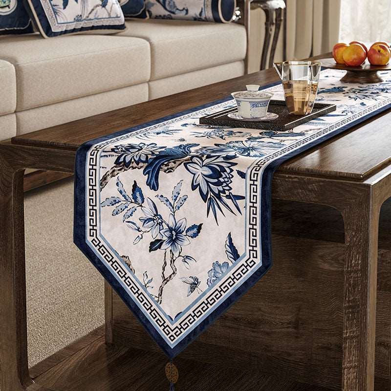 Chinoiserie Traditional Blue and White Long Table Runner