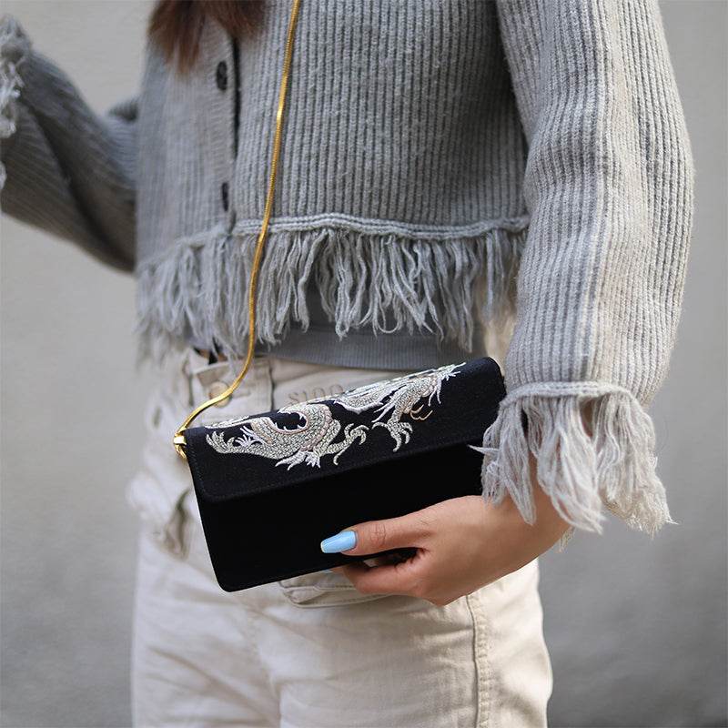 Ultra-Light Loong Silk Embroidery Black Evening Bag Recycled Fabric 154g - SinoCultural -- GD1207 - 